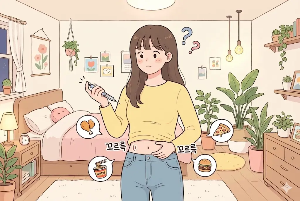 마운자로 주사 첫날 식욕 변화를 궁금해하며 혼란스러워하는 20대 후반 여성 이미지