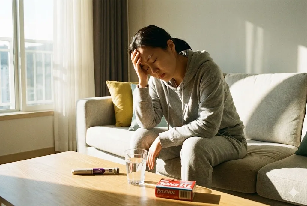 마운자로 다이어트 중 두통을 느껴 소파에 앉아 휴식하며 타이레놀과 물을 마시려는 30대 여성의 모습