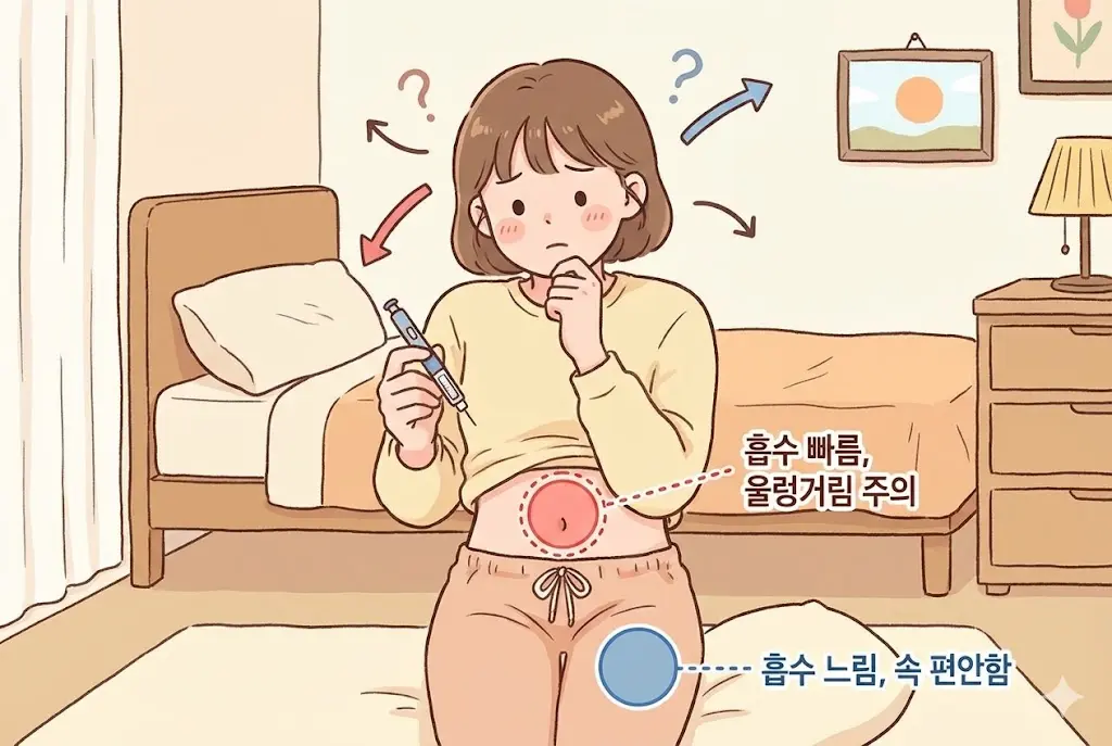 마운자로 주사 부위별 흡수 속도와 부작용 차이를 설명하는 웹툰 이미지