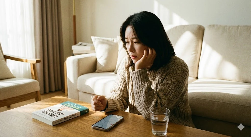 마운자로(젭바운드) 사용 후 생리 주기 변화와 부정출혈에 대해 걱정하며 스마트폰으로 달력을 확인하는 30대 한국 여성의 모습