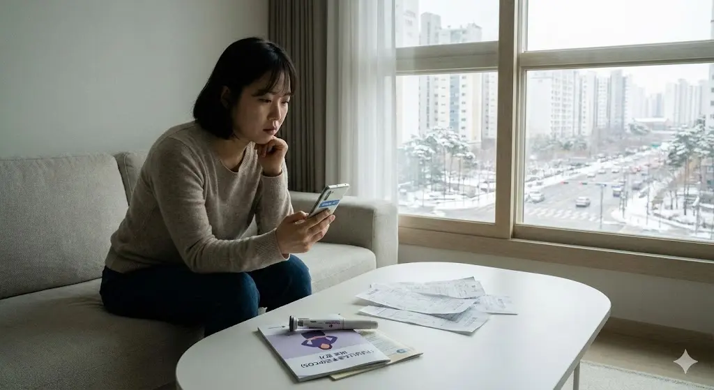 마운자로 주사 펜과 실비 보험 앱을 보며 고민하는 다낭성난소증후군 환자