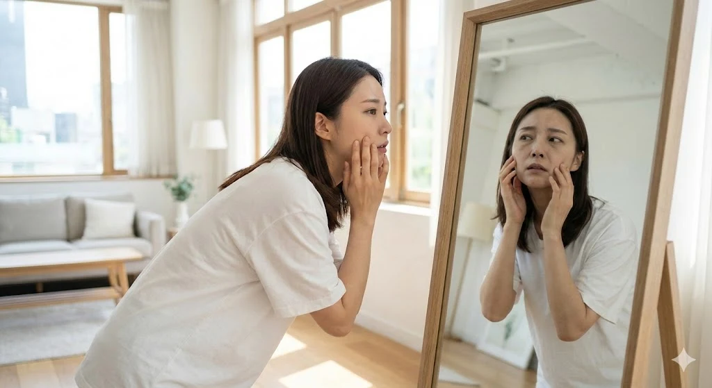 마운자로 부작용으로 인한 얼굴 살 빠짐과 노화를 걱정하는 30대 여성