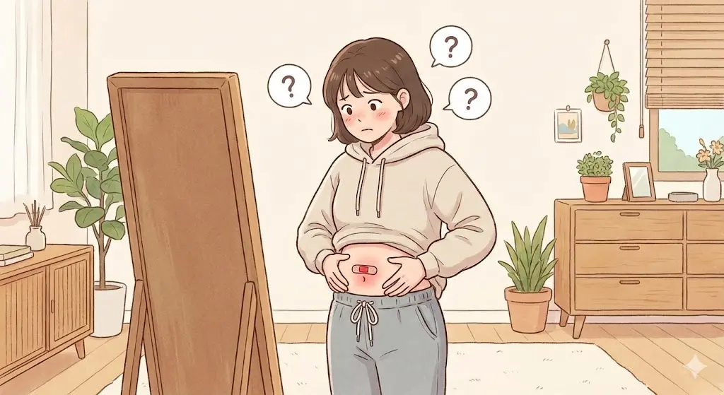 배를 움켜쥐고 고민하는 여성 일러스트, 마운자로 주사 부위 통증