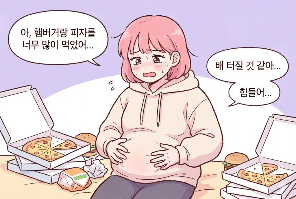 마운자로 부작용으로 인해 위장 내 음식물 이동이 느려져 가스가 찬 20대 여성 모습 일러스트