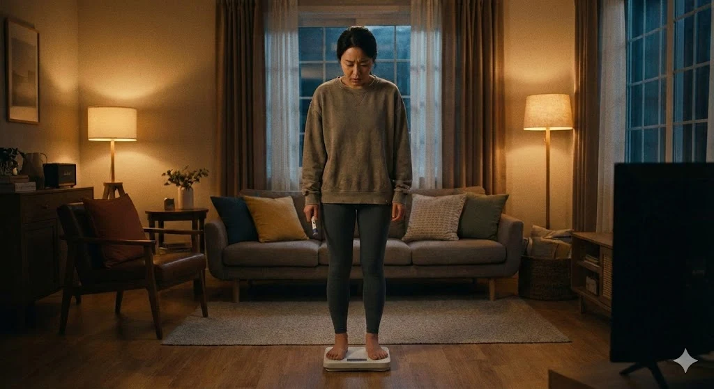 마운자로 단약 후 체중 유지와 요요 현상을 걱정하며 체중계 위에 서 있는 여성의 모습