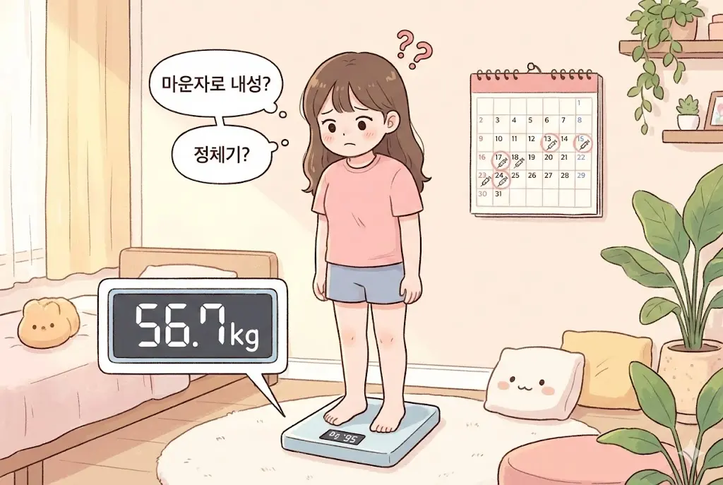 마운자로 투여 중 체중 감량 정체기를 겪으며 내성을 고민하는 20대 여성 웹툰 일러스트