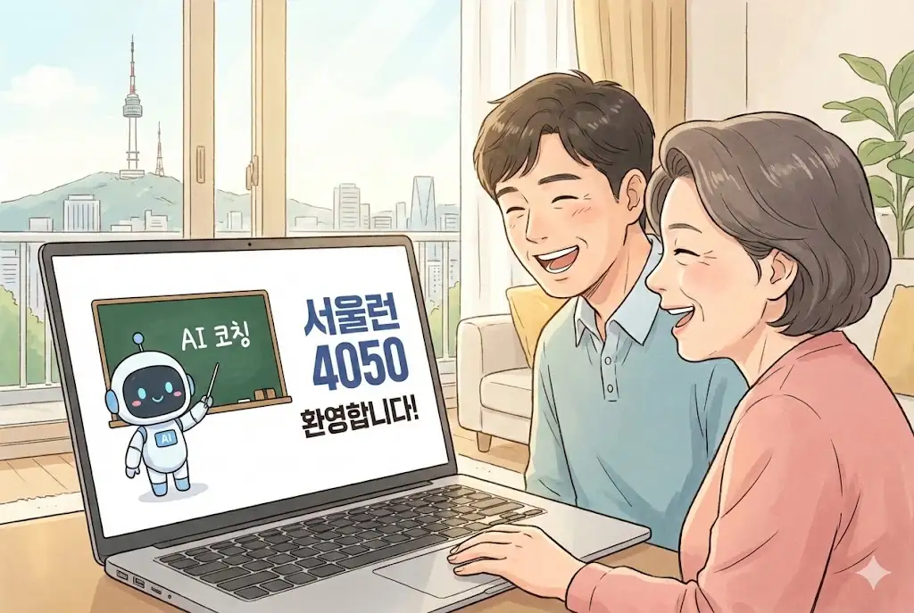 2026년 서울런 4050을 통해 AI 코칭을 받으며 기뻐하는 중장년층의 웹툰 이미지