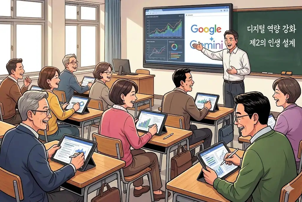 서울런 4050 오프라인 캠퍼스에서 디지털 직무 교육을 받는 중장년 수강생들의 웹툰 이미지