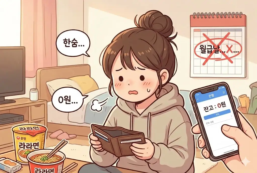 월급이 밀려 텅 빈 통장 잔고를 보며 걱정하는 30대 여성 직장인 웹툰 이미지
