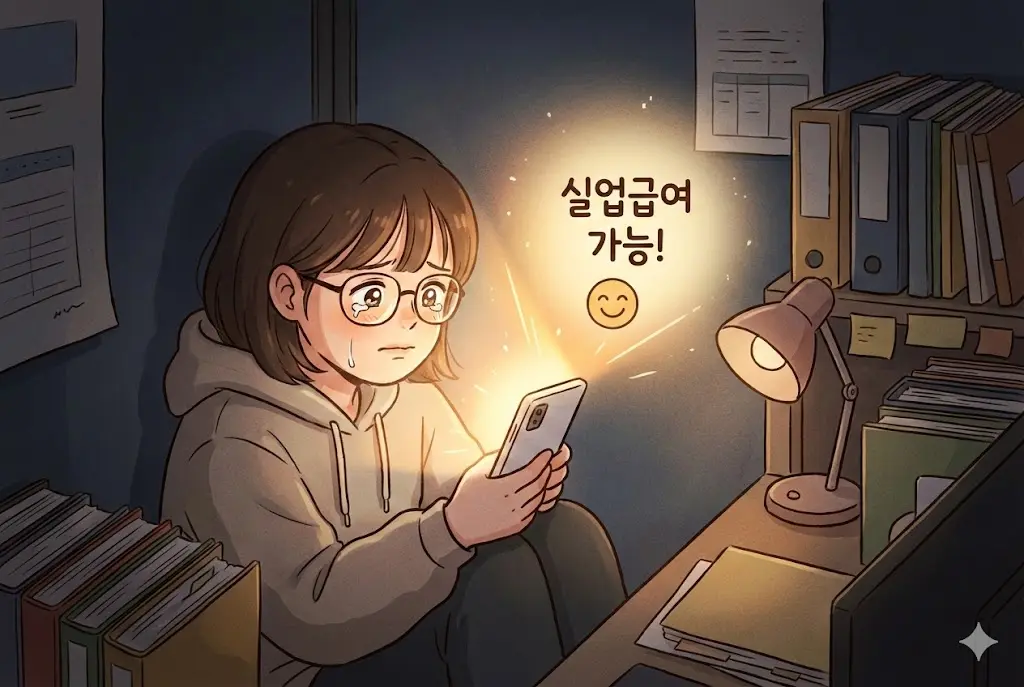 직장 내 괴롭힘으로 힘들어하며 실업급여 정보를 찾는 직장인 일러스트