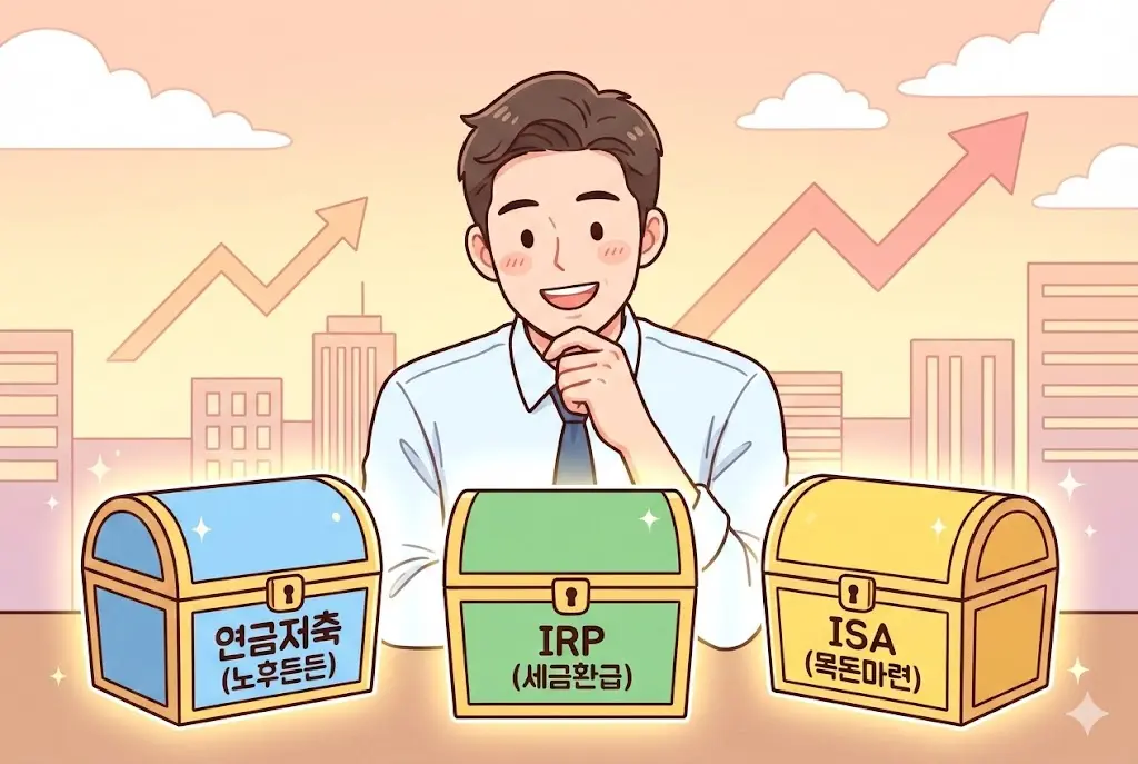 연금저축, IRP, ISA 계좌 상자를 보며 행복하게 고민하는 30대 직장인 웹툰 이미지