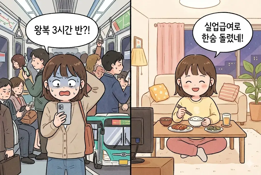 회사 이전으로 늘어난 출퇴근 시간에 절망하는 직장인과 실업급여로 안도하는 모습을 대비한 웹툰 이미지