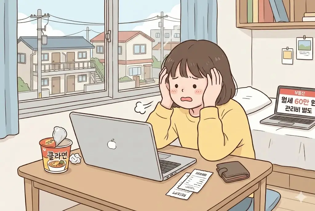 2026년 새 학기를 앞두고 비싼 월세와 자취 비용 때문에 고민에 빠진 한국 대학생의 귀여운 웹툰 이미지
