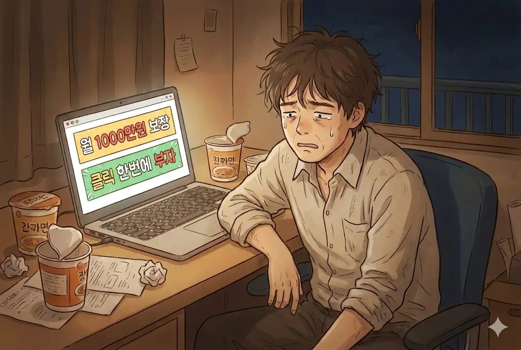 2026년 과장 광고에 지친 한국 직장인 투잡러 일러스트