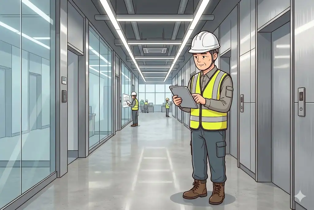 건물 안전 시설을 점검하는 전문적인 모습의 시니어 소방안전관리자 일러스트