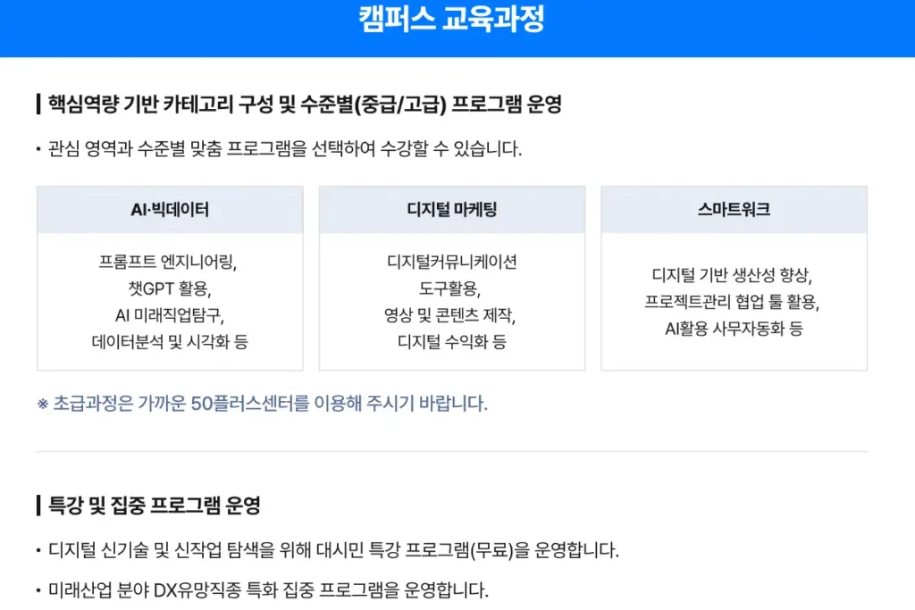 서울시50플러스 홈페이지 직업역량강화 교육 과정 페이지