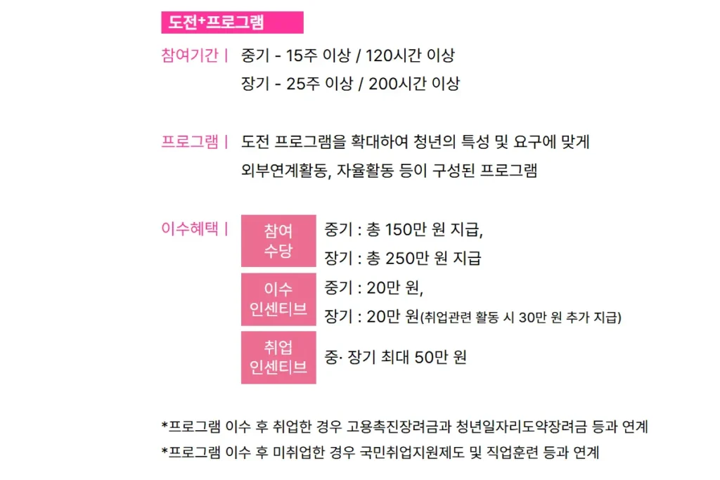 청년지원도전사업 도전+ 프로그램 이수 혜택 수당 인센티브