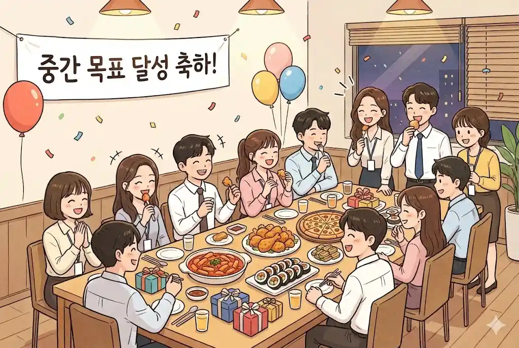 저축 중간 목표 달성을 자축하며 작은 보상을 즐기는 사회초년생들의 행복한 파티 일러스트