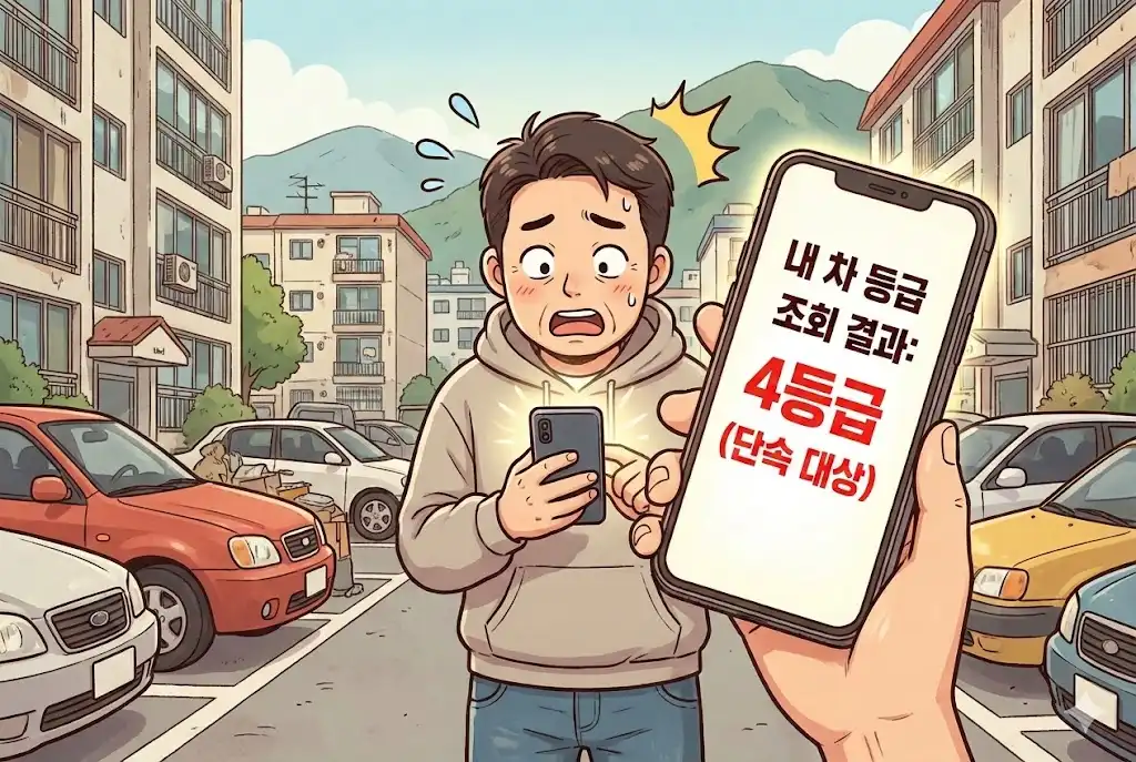 스마트폰으로 노후 경유차 등급을 조회하고 4등급 단속 대상 결과에 놀란 40대 남성 웹툰 이미지