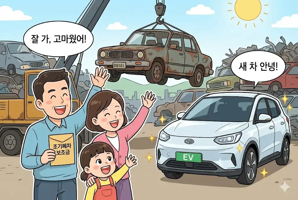 노후 경유차 조기폐차 보조금을 받고 새 친환경차를 구매하여 행복해하는 가족 웹툰 이미지