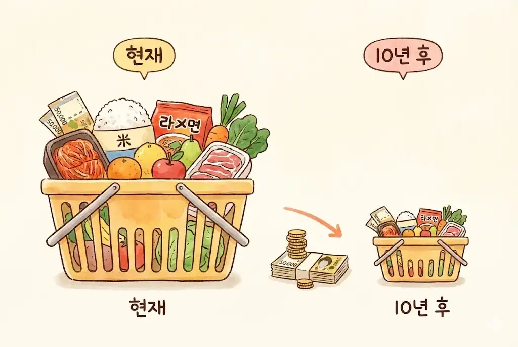 물가상승으로 인해 10년 후 줄어든 장바구니 크기를 비교하는 인플레이션 비유 일러스트