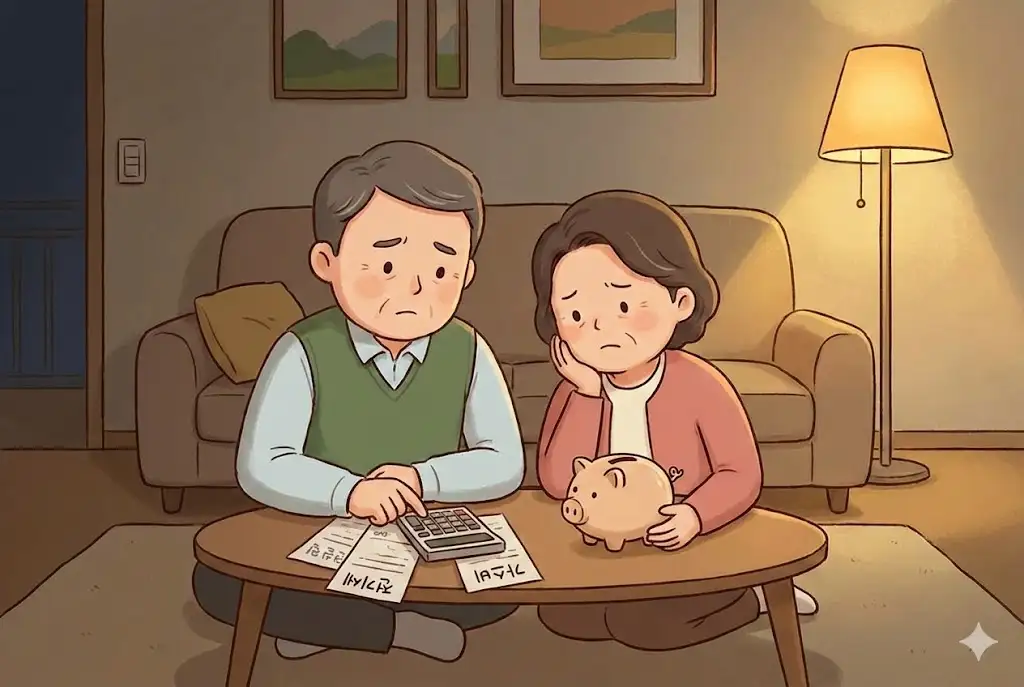 은퇴 후 생활비를 걱정하며 계산기를 두드리는 50대 한국 부부의 귀여운 일러스트