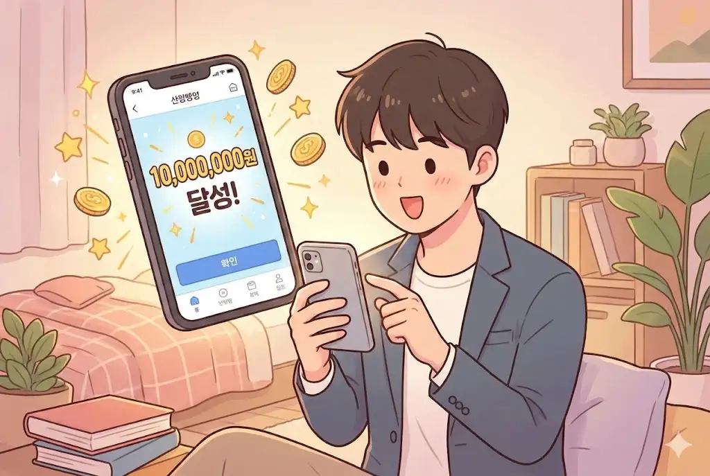 스마트폰 뱅킹 앱에서 1000만 원 달성을 확인하고 기뻐하는 사회초년생 캐릭터 일러스트