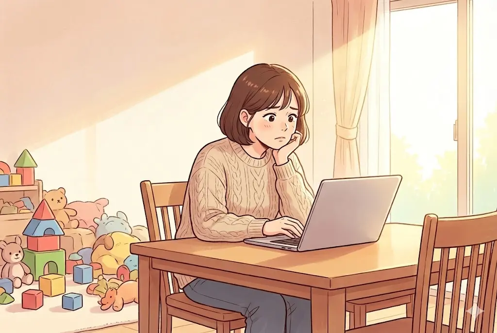 재취업을 고민하며 노트북을 바라보는 30대 경단녀의 웹툰 이미지