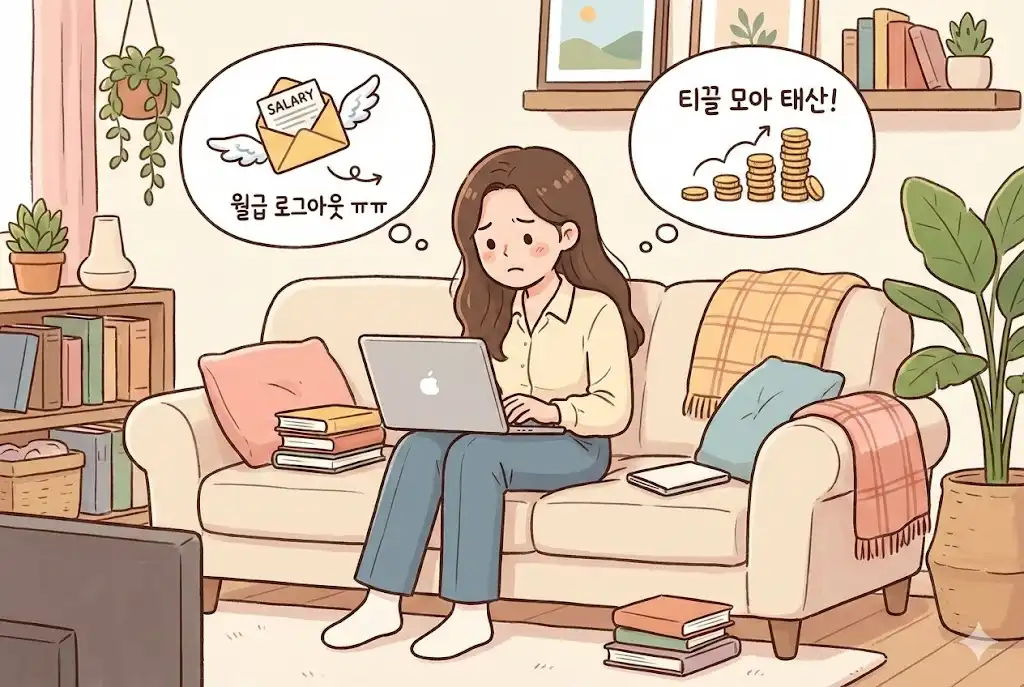 퇴근 후 집에서 노트북으로 온라인 부업을 고민하는 직장인 여성 일러스트