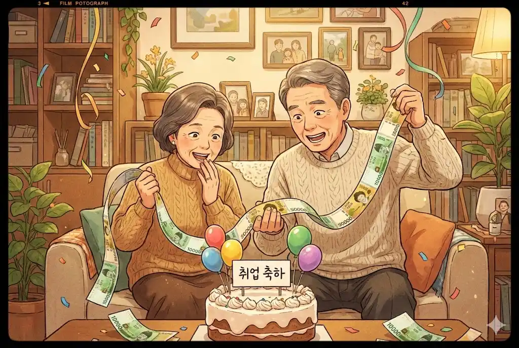 취업 축하 반전 케이크에서 줄줄이 나오는 현금을 보고 기뻐하는 부모님의 모습