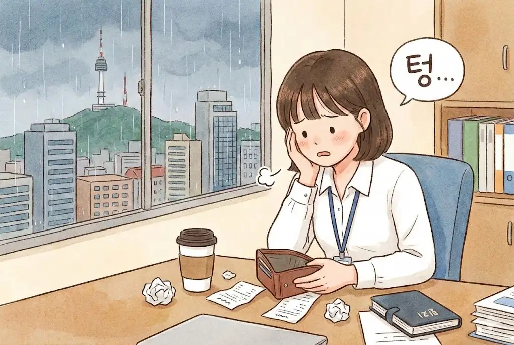 월급 200만 원으로 저축에 어려움을 겪는 20대 한국 직장인 여성의 일러스트