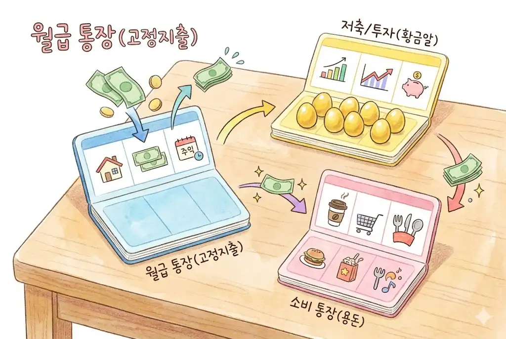 효율적인 돈 관리를 위한 3개의 통장 쪼개기 전략을 보여주는 일러스트
