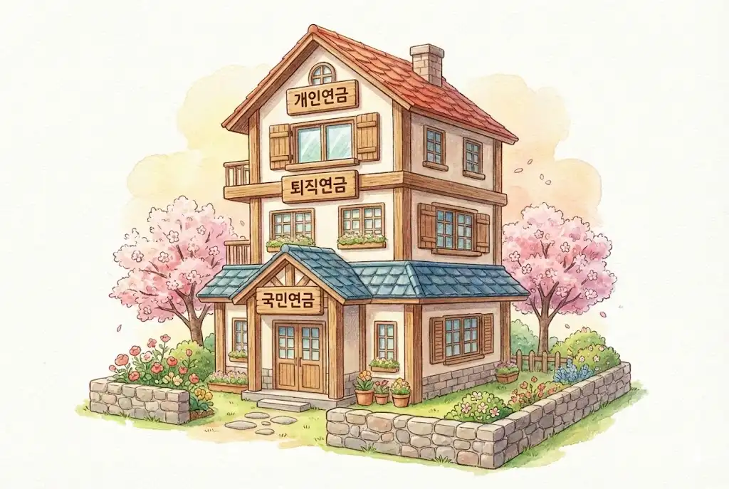 국민연금, 퇴직연금, 개인연금으로 구성된 안정적인 3층 연금 구조를 집으로 표현한 일러스트