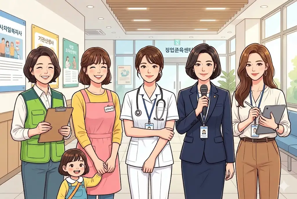 사회복지사, 보육교사 등 5가지 유망 자격증 전문직 여성 캐릭터 웹툰 일러스트