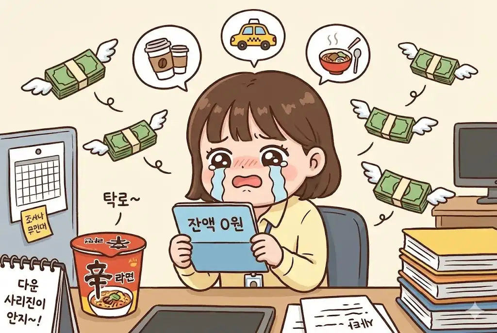 월급날 스쳐 지나가는 텅 빈 통장 잔고와 숨은 지출로 고민하는 직장인 일러스트