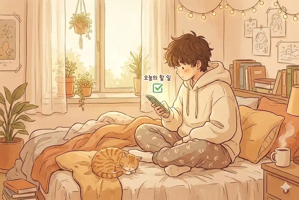 방 안에서 스마트폰으로 은둔 청년 자가진단 체크리스트를 확인하는 청년의 일러스트