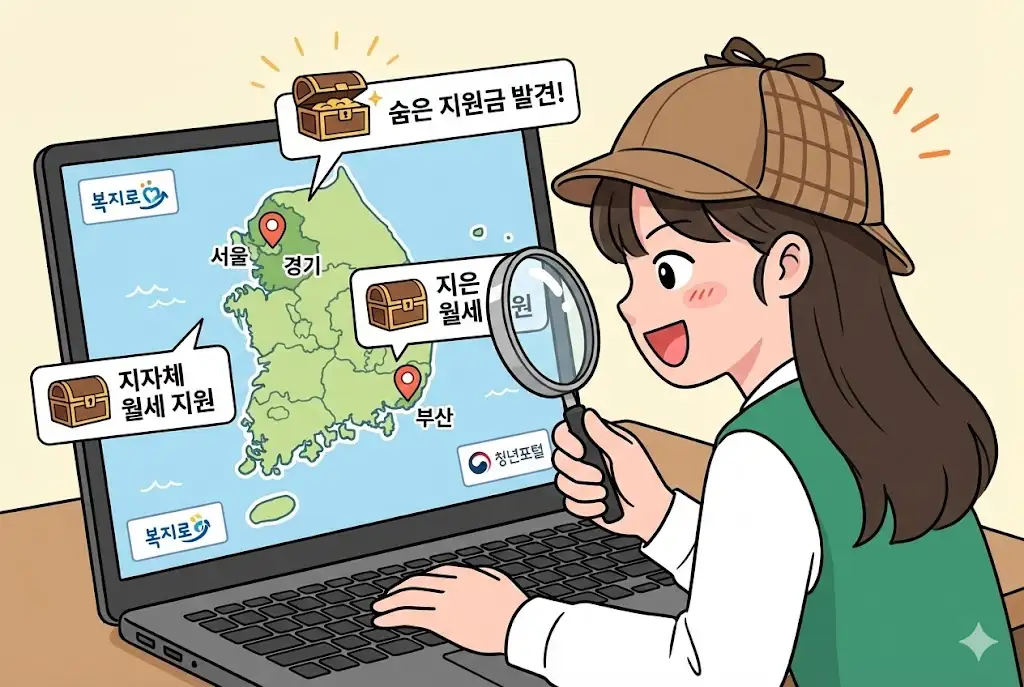 자신이 거주하는 지역의 숨겨진 청년 주거 지원금을 온라인으로 적극적으로 찾고 있는 대학생