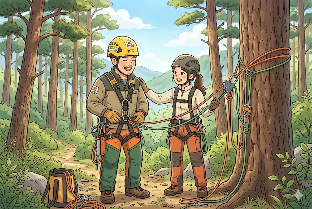 아보리스트 교육 기관에서 전문가에게 트리클라이밍 기술과 안전 수칙을 배우는 4050 입문자 만화 일러스트