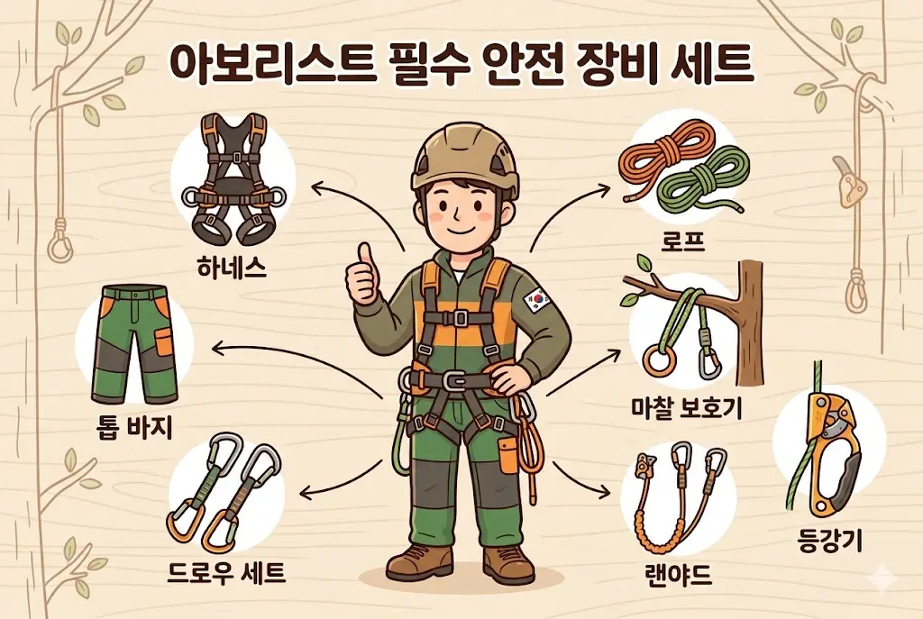 하네스, 톱 바지, 로프 등 아보리스트 전문가가 사용하는 필수 벌목 장비 리스트 인포그래픽