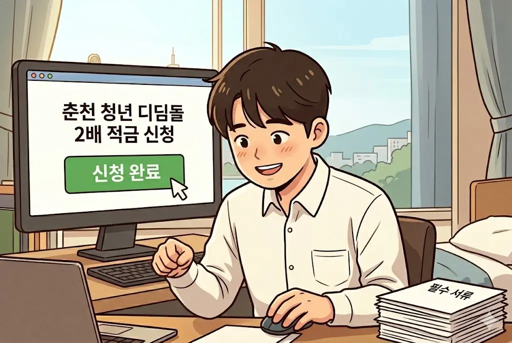 춘천 청년 디딤돌 2배 적금 온라인 신청 성공에 기뻐하는 사회초년생 남성 웹툰 일러스트