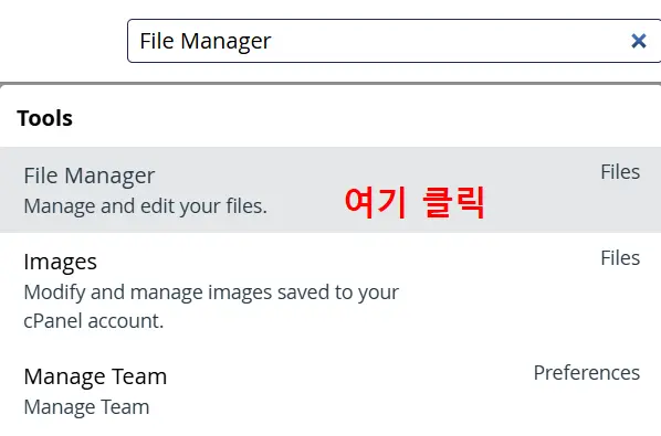 cpanel tools 창에서 파일 관리자 검색 결과