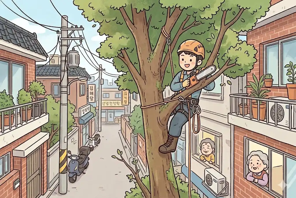 안전 장비를 착용하고 높은 나무 위에서 밧줄에 의지해 엔진톱으로 가지를 치는 아보리스트의 전문적인 기술 묘사