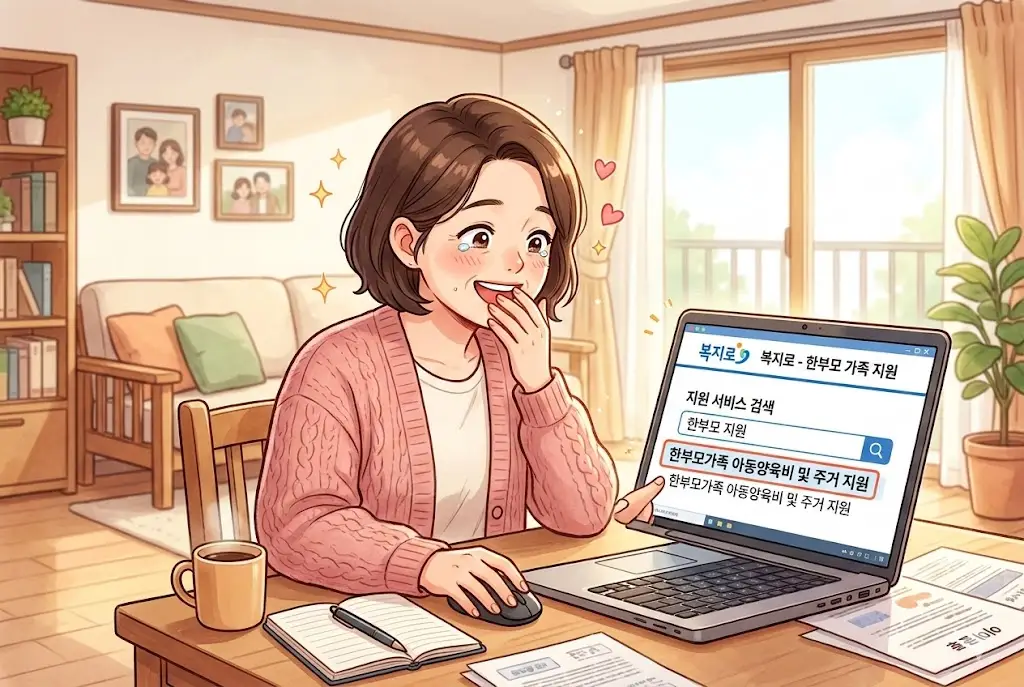 이혼 후 한부모가족 지원금 정보를 검색하며 안도하는 40대 여성의 귀여운 웹툰 일러스트