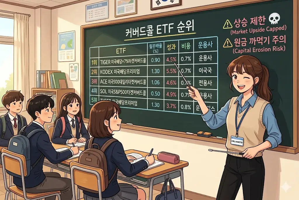 국내 상장 커버드콜 ETF 배당 수익률 순위와 투자 유의점을 설명하는 쾌활한 강사 만화