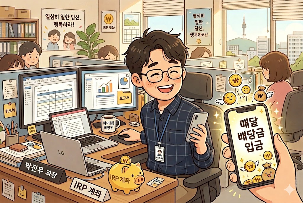 IRP 계좌를 통해 매달 월배당금을 받고 행복해하는 한국 직장인 박과장의 귀여운 만화 일러스트