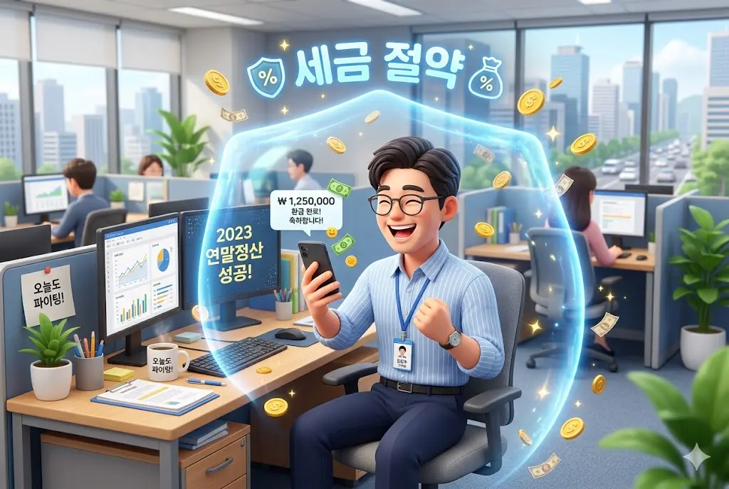 ISA 계좌의 비과세 혜택으로 세금을 절약하며 기뻐하는 한국인 직장인 캐릭터 일러스트
