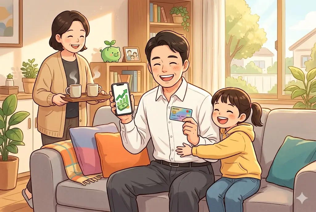 ISA 계좌 단점 걱정 없이 납입 원금 중도 인출로 유동성을 확보하고 안도하는 40대 가장 가족의 행복한 모습