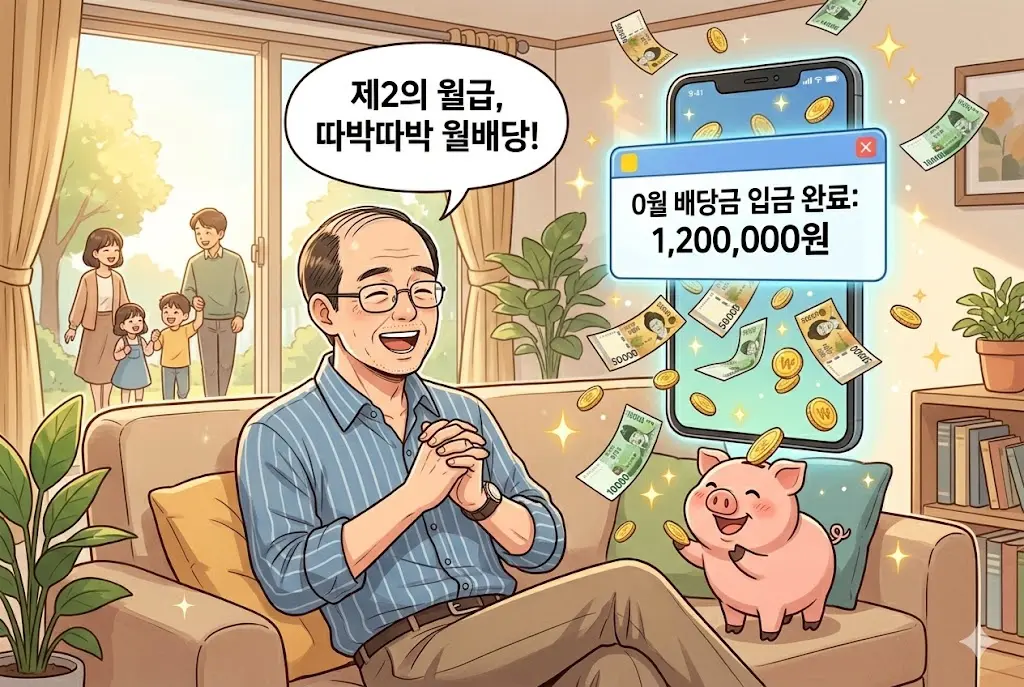 ISA 계좌로 커버드콜 ETF에 투자하여 매월 안정적인 배당금을 받고 행복해하는 김과장 만화 삽화