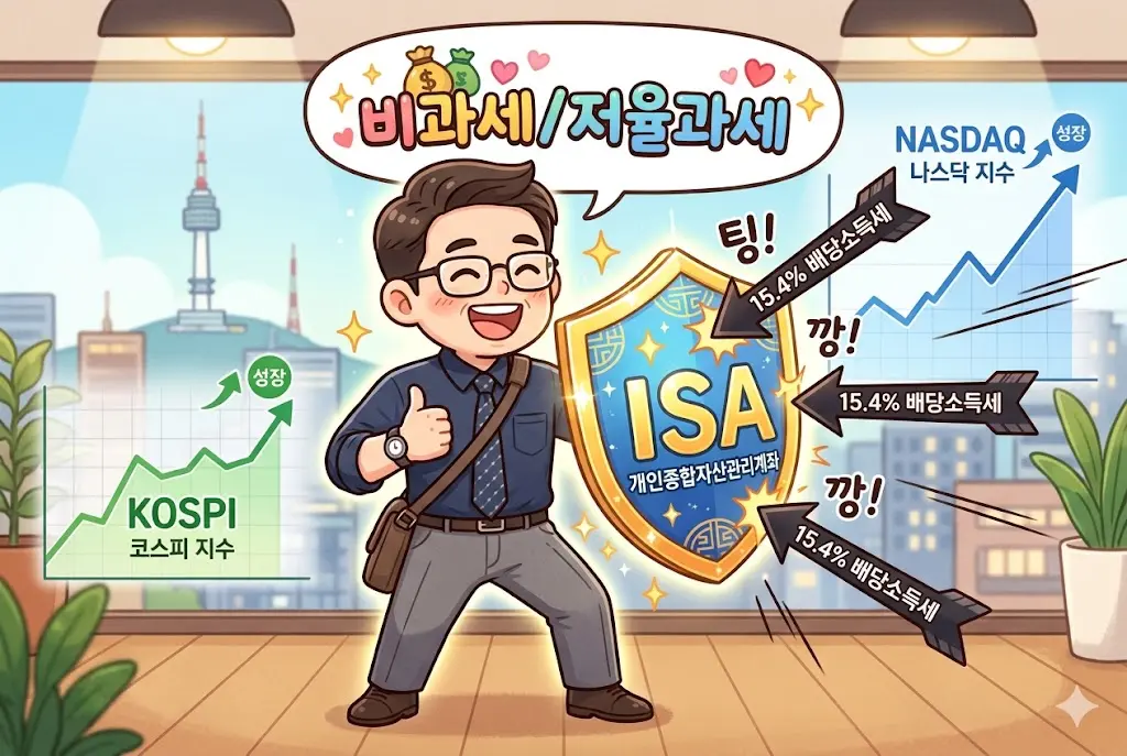 ISA 계좌에서 커버드콜 ETF 투자로 배당소득세를 절세하며 웃고 있는 투자자 만화