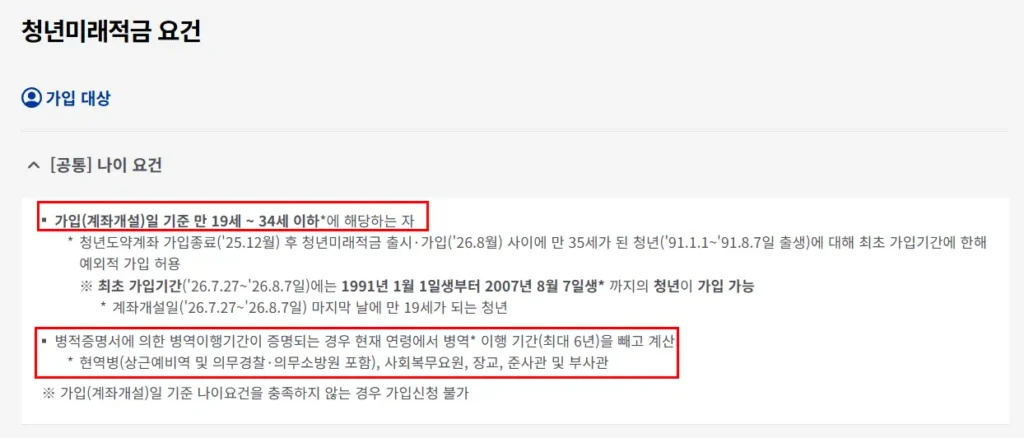 2026 청년미래적금 군인 가입 조건 나이 설명